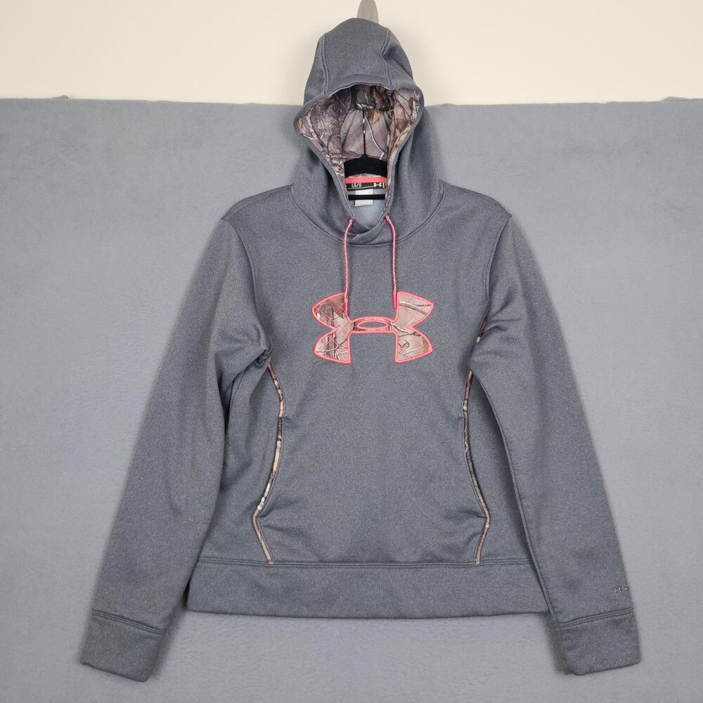 Under Armour Storm Hoodie Womens Large Gray Camo Logo Pullover Fleece Hunting